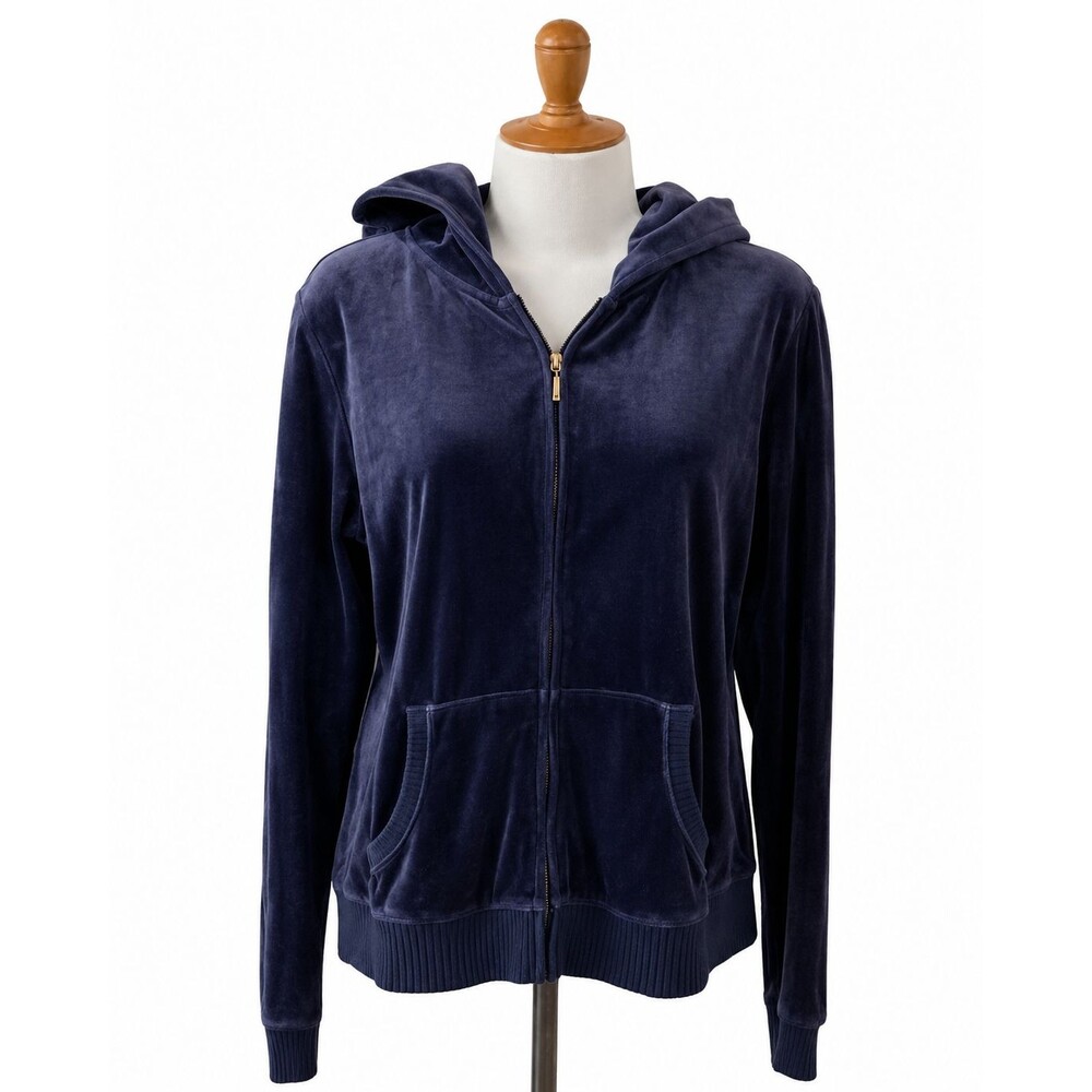 Plush and Lush Velour Jacket Womens Hooded Size Large Blue